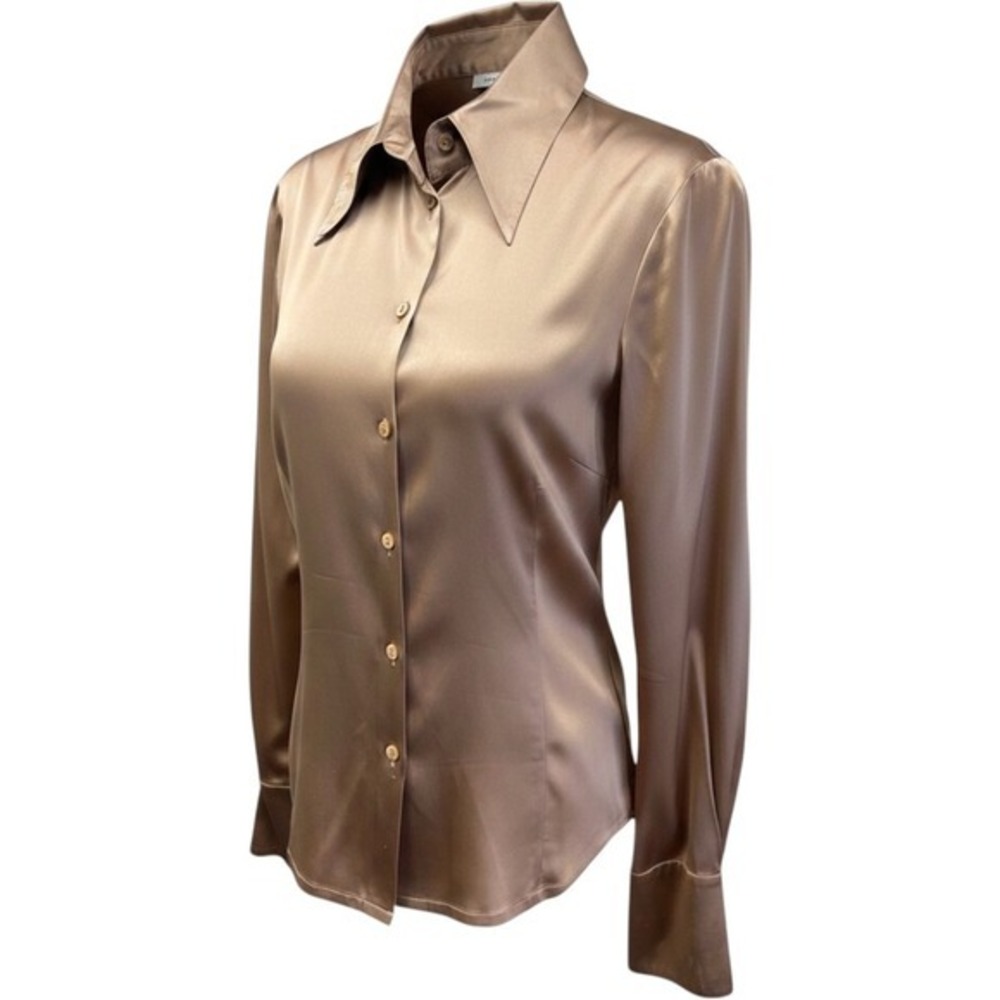 Hennes Silk Blend Satin Button Down Shirt Champagne Tan Long Sleeve Blouse 6
